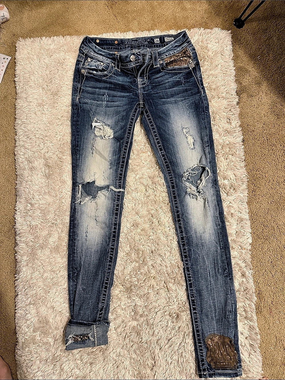 Miss Me Signature Sequin Cuffed Skinny Jeans Waist 26 Blue